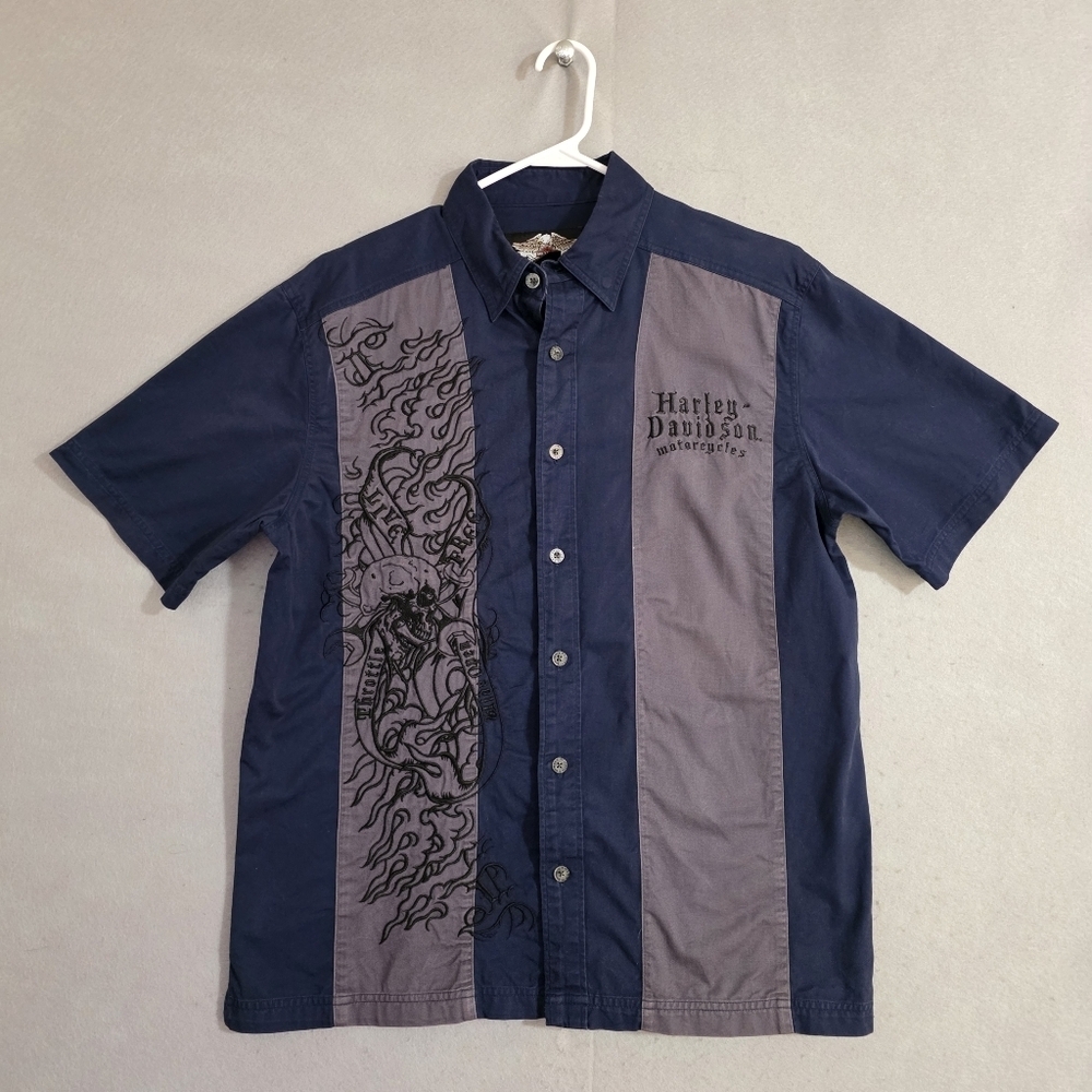 Harley Davidson Skull & Flames Embroidered Button Up Shirt Snap Collar Size M